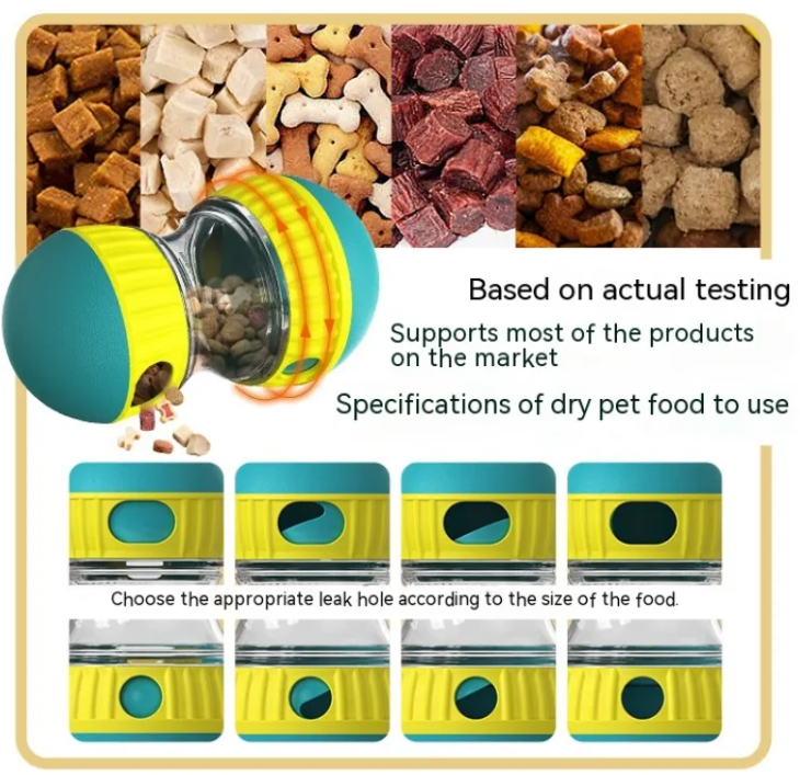 Pet food container with various pet food types displayed above it.